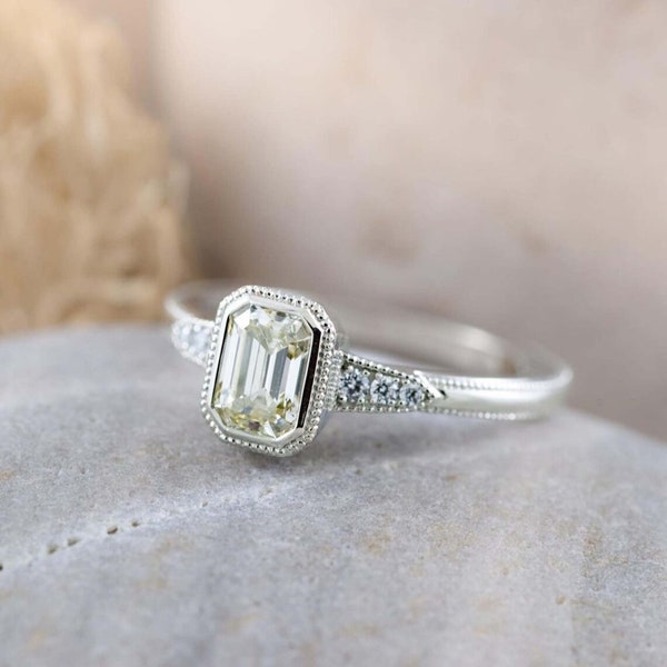 Milgrain Bezel Set Engagement Ring, Light Yellow Emerald Cut Moissanite Diamond Ring, Dainty Ring, Wedding Proposal Ring, Daily Wear Ring