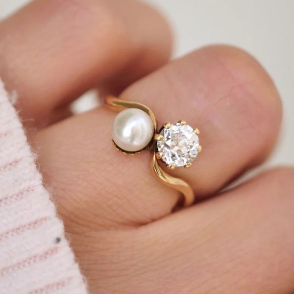 Toi Et Moi Wedding Ring, Pearl & Old European Cut CZ Stone Ring, Pearl Engagement Ring, 14K Yellow Proposal Ring, Gift For Girl Friend