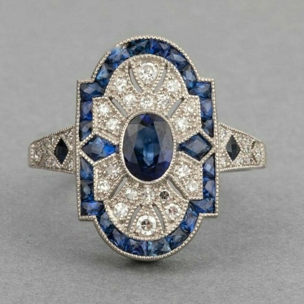 Vintage Style Antique Mligrain Ring, Blue Sapphire Oval Cut CZ Stone Ring, Art Deco Engagement Ring,  Woman's Wedding Ring, Estate Ring
