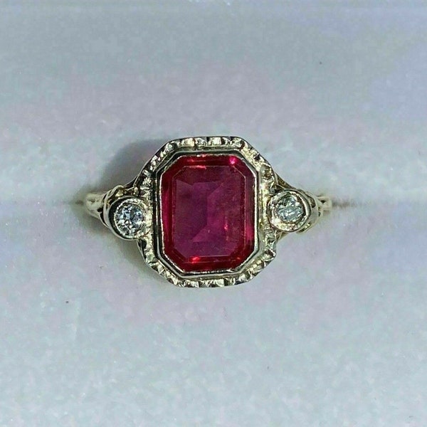 Vintage Style Three Stone Ring, Pink Ruby Emerald Cut CZ Stone Wedding Ring, Art Deco Filigree Ring, Edwardian Engagement Ring, Fine Jewelry