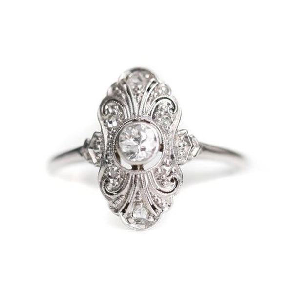 Art Deco Filigree Ring, Old European Cut Moissanite Diamond Antique Ring, Edwardian Engagement Ring, Vintage Style Wedding Ring,Fine Jewelry