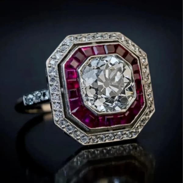 Octagon Shape Double Halo Wedding Ring, Old European Cut CZ Stone Art Deco Ring, Milgrain Bezel Set Engagement Ring, Anniversary Gift Ring