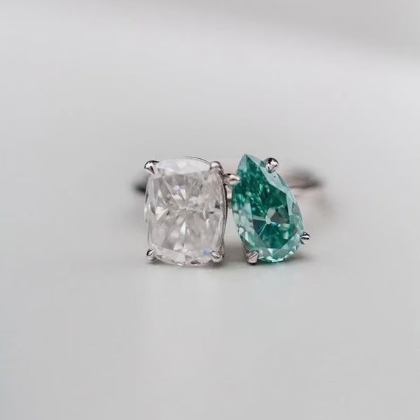 Toi Et Moi Engagement Ring, Aqua Blue Pear & Cushion Cut CZ Stone Ring, Two Stone Wedding Ring, Birthstone Proposal Ring, Birthday Gift