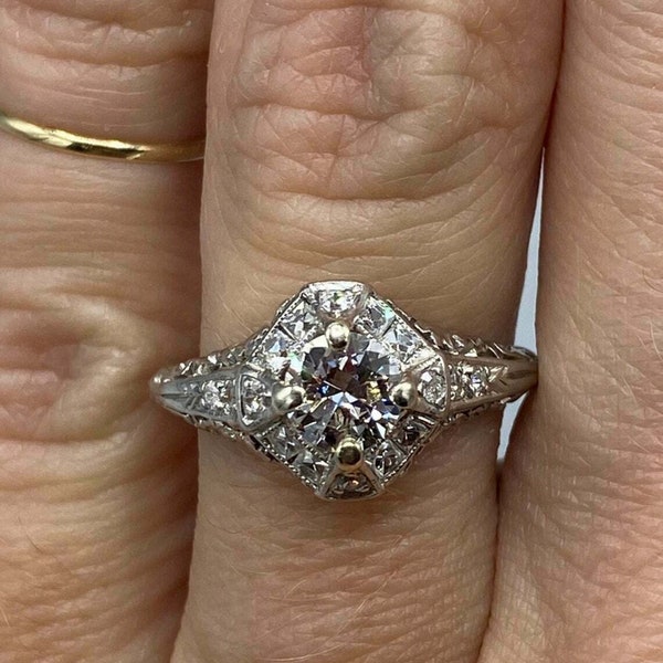 Edwardian Engagement Ring, Old European Cut CZ Stone Antique Ring, Filigree Art Deco Ring, Mid Century Wedding Ring, Milgrain Promise Ring
