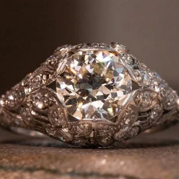 Antique Art Deco Wedding Ring, Old European Cut Moissanite Diamond Ring, Edwardian Engagement Ring, Milgrain Filigree Ring, Estate Ring