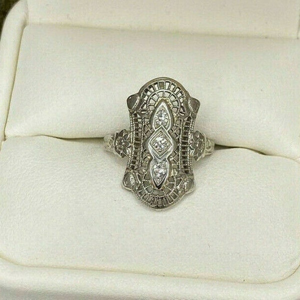 Three Stone Edwardian Ring, Round Cut Moissanite Diamond Ring, Vintage Inspire Art Deco Ring, Open Work Filigree Ring, Antique Proposal Ring