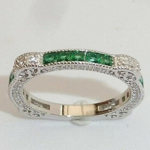 Full Eternity Art Deco Engagement Band, Green Princess & Round Cut CZ Stone Antique Band, Vintage Style Wedding Band,Milgarin Stackable Band