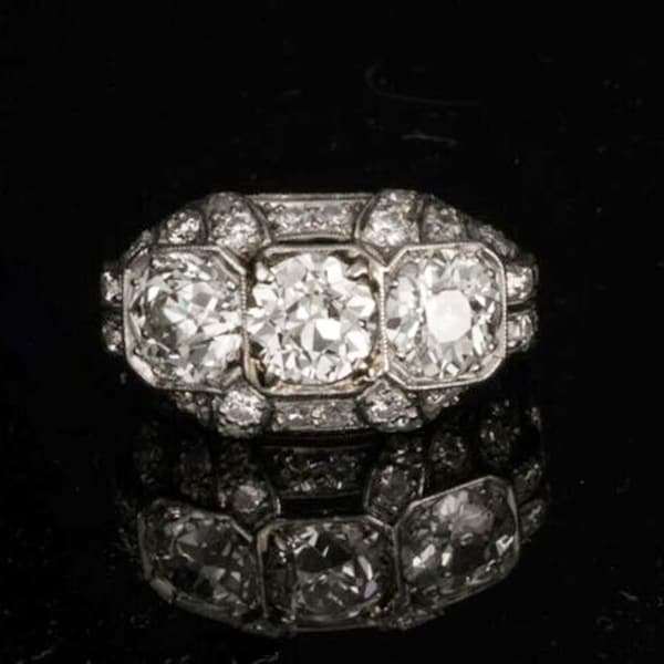 Antique Three Stone Wedding Ring, Old European Cut Moissanite Diamond Edwardian Ring, Vintage Style Art Deco Ring, Mligrain Engagement Ring
