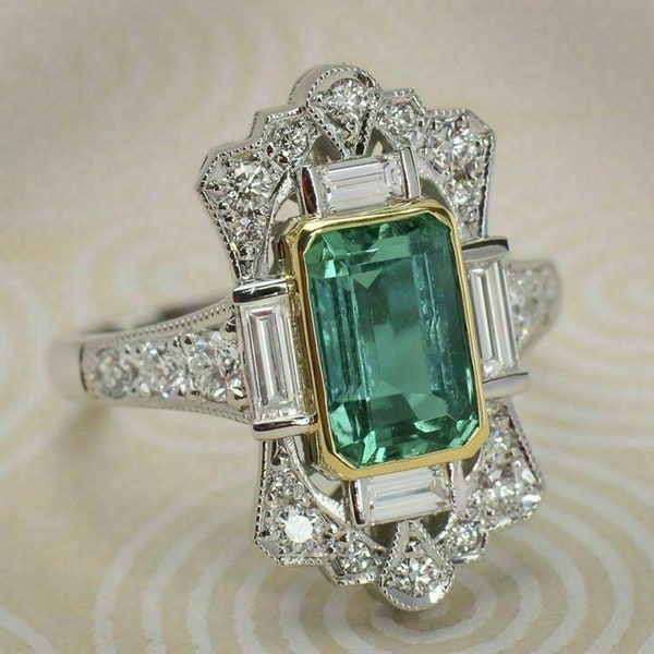 Vintage Inspire Wedding Ring, Green Emerald Cut CZ Stone Art Deco Ring, Two Tone Engagement Ring, Bezel Set Milgrain Ring, Antique Jewelry