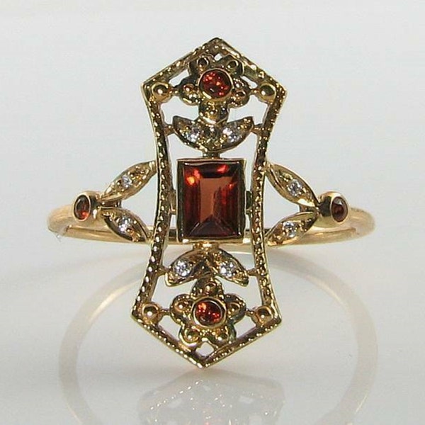 Floral Inspire Art Deco Wedding Ring, Brown Emerald Cut CZ Stone Antique Ring, Edwardian Engagement Ring, Bezel Set Milgrain Proposal Ring