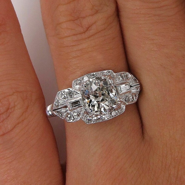Edwardian Engagement Ring, Old European & Baguette Cut Diamond Antique Ring, Vintage Style Art Deco Ring, Milgrain Wedding Ring,Gift For Her