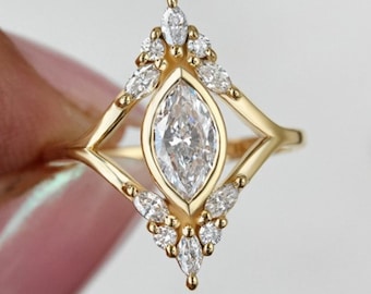 Bezel Set Unique Engagement Ring, Marquise Cut Moissanite Diamond Ring, 14K Yellow Gold Wedding Ring, Split Shank Ring, Birthday Gift Ring