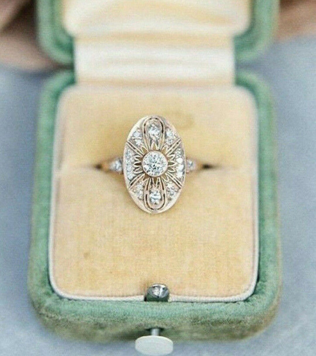 Oval Shape Art Deco Engagement Ring, Round Moissanite Diamond Edwardian ...