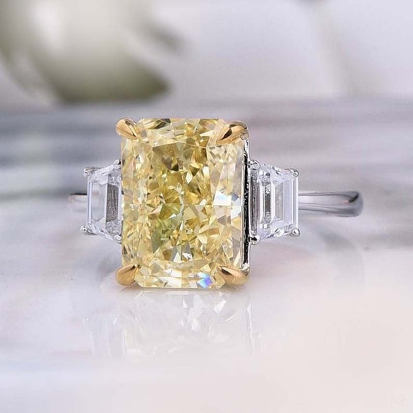 Three Stone Engagement Ring, Yellow Canary Emerald & Fancy Cut CZ Stone Ring, Two Tone Wedding Ring, 925 Silver Proposal Ring, Gift For Her