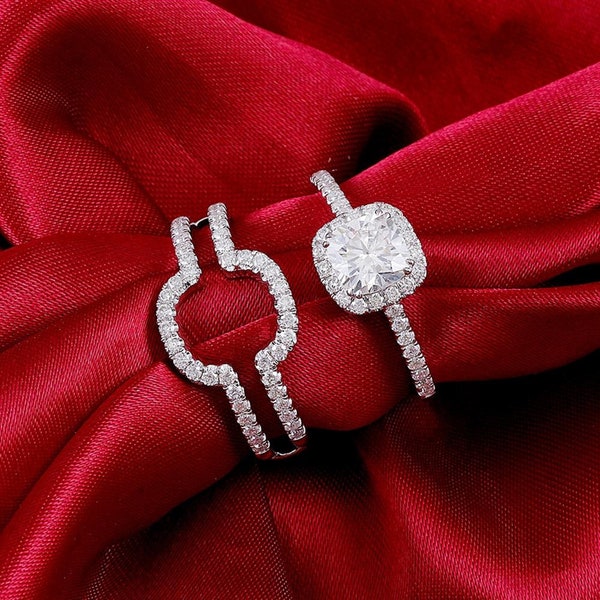 Enhancer Guard Band, Cushion Cut Moissanite Diamond Ring Set, Halo Wedding Bridal Ring Set, Stackable Engagement Ring Set, Birthday Gift