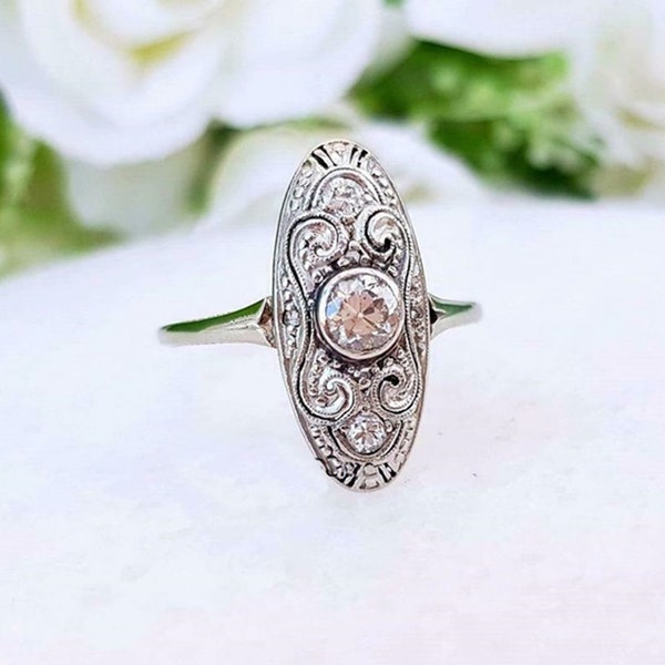 Art Deco Long Dinner Ring, Old European Moissanite Diamond Ring, Bezel Set Milgrain Ring, Vintage Style Filigree Ring, Anniversary Gift Ring