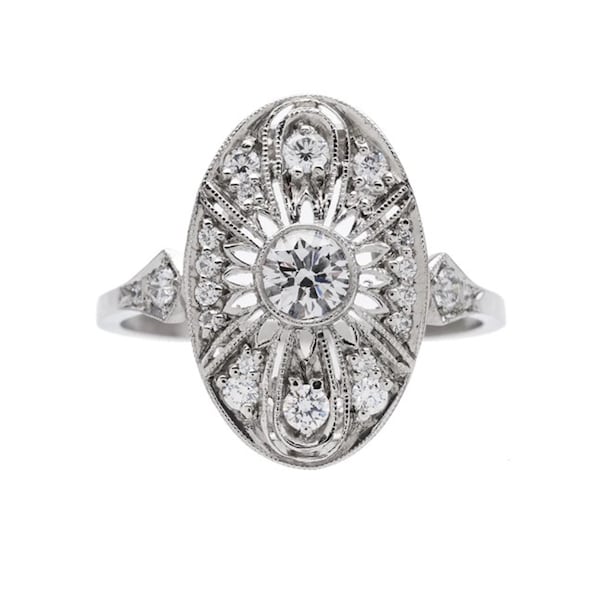 Oval Shape Art Deco Engagement Ring, Round Moissanite Diamond Edwardian Ring, Vintage Style Wedding Ring, Bezel Set Milgrain Filigree Ring