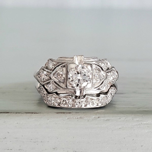 Antique Art Deco Bridal Ring Set, Old European Moissanite Diamond Wedding Ring Set, Vintage Style Engagement Ring Set, Edwardian Ring Set