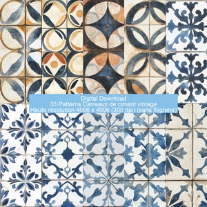 Może przedstawiać: 35 cyfrowych wzorów vintage płytek cementowych w kolorze niebieskim, białym i brązowym. Płytki mają geometryczne i kwiatowe wzory. Pobierz cyfrowo. Wysoka rozdzielczość 4096 x 4096 (300 dpi) (bez znaku wodnego).