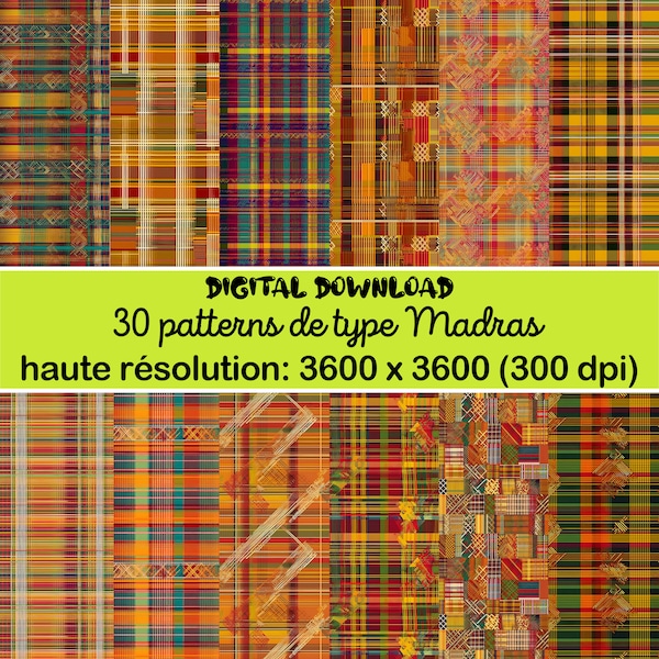 Papier numérique Madras lot de 30 patterns de type Madras à télécharger - haute résolution - Motifs colorés pour projets