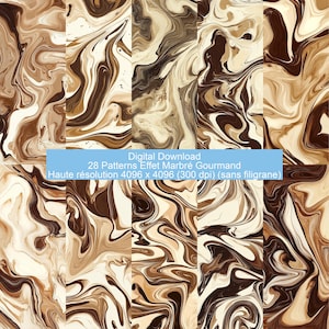 Może przedstawiać: 28 cyfrowych wzorów do pobrania z efektem marmuru w odcieniach brązu, beżu i bieli. Wzory są w wysokiej rozdzielczości, 4096 x 4096 pikseli i 300 dpi. Idealnie nadają się do tworzenia unikalnych projektów do rękodzieła, scrapbookingu i innych projektów.