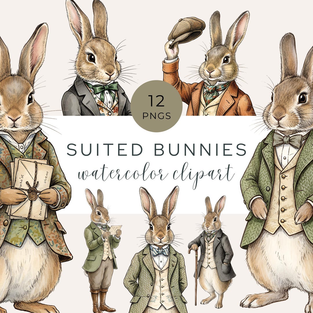 Dapper Rabbit Illustration Bunny in A Suit Clipart, Vintage Dapper Bunnies, Storybook Cottagecore ...