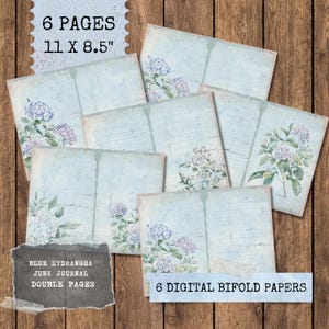 Papiers numériques pour journal indésirable bleu hortensia, 6 feuillets numériques double page pour journal indésirable, papier éphémère imprimable, feuille de collage pliée 11 x 8,5