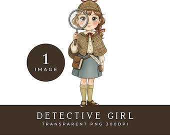 Ilustração PNG de Detetive Menina, Ilustração Vintage de Livro de Histórias | Personagem em Aquarela | PNG Transparente 300 DPI