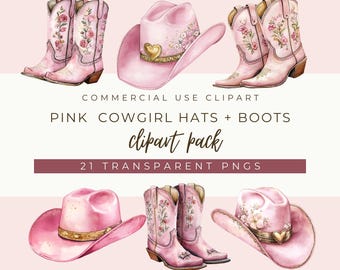 Watercolor Pink Cowgirl Boots and Hats Clipart (PNG)
