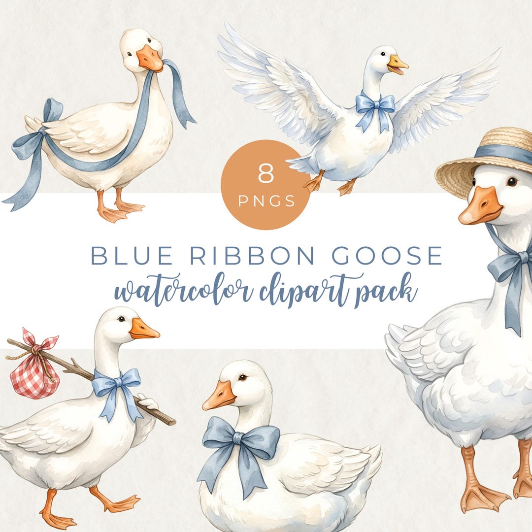 Blue Ribbon Goose Clipart, Mother Goose Baby Shower Watercolor Pngs ...