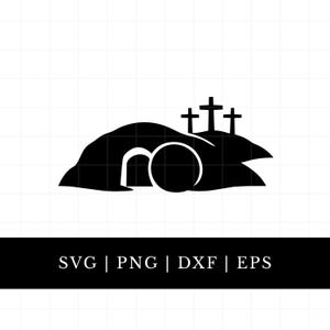 Peut inclure: Graphique noir et blanc d'un tombeau vide avec trois croix sur une colline. Le tombeau a une entrée ouverte et une grande pierre ronde devant. L'image comprend le texte "SVG | PNG | DXF | EPS".