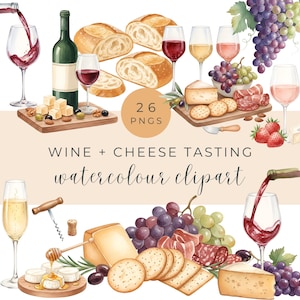 May include: A watercolour illustration of a wine and cheese tasting scene, with wine glasses, bottles, bread, cheese, grapes, and crackers. The text reads "WINE + CHEESE TASTING watercolour clipart". Includes 26 PNGs.