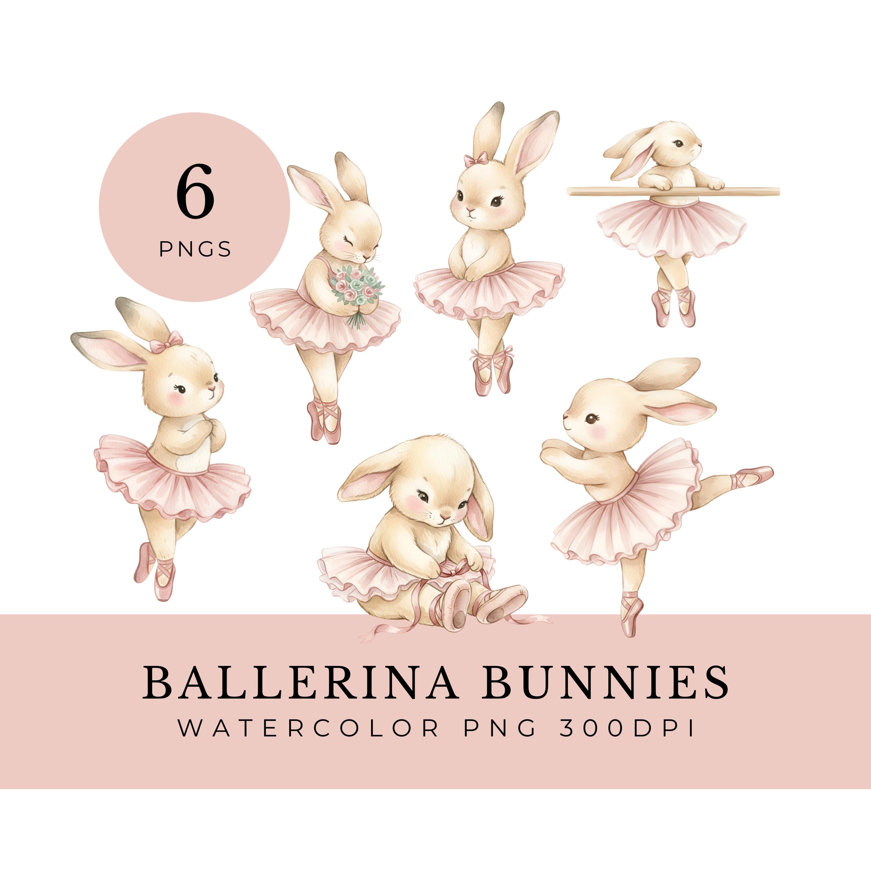 Ballet Rabbit Cartoon Ballerina Bunny Clipart PNG Set, Watercolor Ballet Rabbits in Pink ...