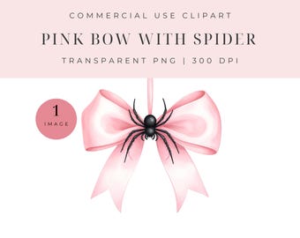 Pink Coquette Halloween PNG: Spider Bow Graphic, Girly Halloween Clip Art, Commercial Use OK