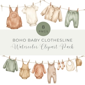 Puede incluir: Ilustración en acuarela de ropa de bebé colgada en un tendedero. La imagen muestra varios artículos en tonos neutros, como peleles, una rebeca, pantalones, un suéter, calcetines, un babero y un gorro. El texto dice "BOHO BABY CLOTHESLINE Watercolor Clipart Pack."