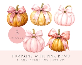 Watercolor Pumpkin with Bow PNG, Grandmillenial Pumpkin Clipart, Fall Thanksgiving (Digital Download)