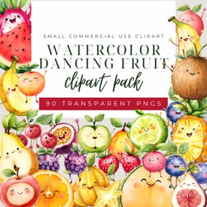 Kawaii Fruit Clipart Set, Watercolor Dancing Fruits Clipart