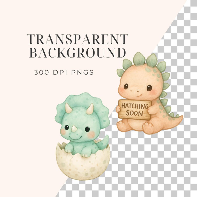 Dinosaur Baby Shower Clipart: Watercolor Hatching Eggs (PNG Digital ...
