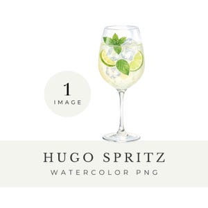 May include: A watercolour illustration of a Hugo Spritz cocktail in a wine glass. The drink contains ice cubes, lime slices, and mint leaves. The text "HUGO SPRITZ WATERCOLOR PNG" is below the glass, with a circle that says "1 IMAGE".