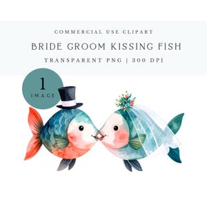 Può includere: Illustrazione ad acquerello di due pesci che si baciano, uno con un cappello a cilindro e l'altro con un velo da sposa. L'immagine include il testo "BRIDE GROOM KISSING FISH" e "COMMERCIAL USE CLIPART". I pesci sono in tonalità di blu, rosso e rosa.