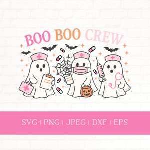 May include: A Halloween graphic with three ghost nurses. The ghosts wear pink nurse hats and carry medical items. The words "BOO BOO CREW" are above in pink and orange. Bats and pills are scattered around the ghosts. The image is on a white brick background.