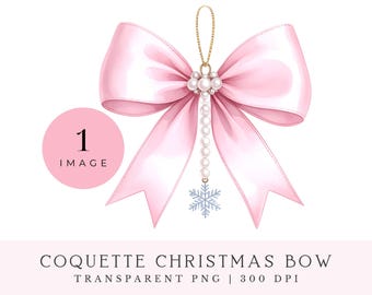 May include: A pink Christmas bow with a pearl and snowflake embellishment. The bow has a gold-colored loop at the top and a string of pearls hanging down. The text "COQUETTE CHRISTMAS BOW" is at the bottom.