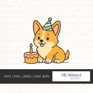 Lindo archivo SVG de Corgi de cumpleaños para silueta de Cricut, cachorro de Corgi con sombrero de fiesta y pastel de cumpleaños, adorable perro clipart Svg PNG Dxf Eps Jpg