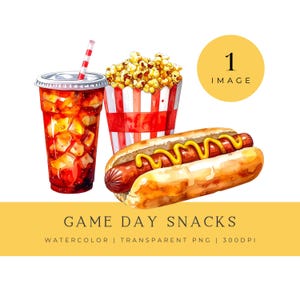 Può includere: Illustrazione ad acquerello di snack per il giorno della partita. Include un hot dog con senape, popcorn in un contenitore a righe rosse e bianche e una bibita con ghiaccio e una cannuccia a righe rosse e bianche. Il testo "GAME DAY SNACKS" è in basso.
