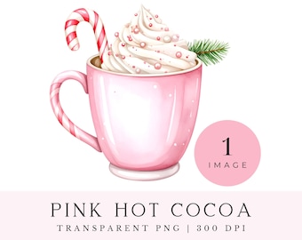 Pink Hot Cocoa Christmas Clipart: Candy Cane Holiday Mug PNG (Digital Download)