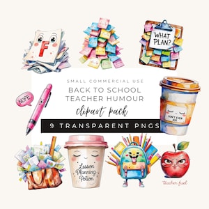 Clipart divertenti per il ritorno a scuola, sopravvivenza per insegnanti, umorismo per insegnanti, grafica scolastica kawaii divertente, 10 file PNG per adesivi stampabili e planner