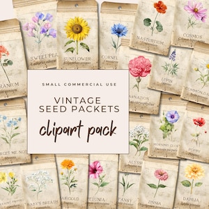 Pacote de sementes de flores vintage clipart, clipart de flores em aquarela png, clipart de diário de lixo de pacote de sementes de jardim, botânico, uso comercial 300Dpi