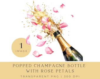Botella de champán en acuarela: pétalos de rosa, despedida de soltera PNG (descarga digital)