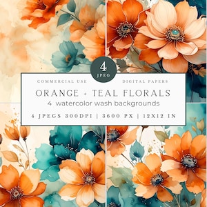 May include: Digital papers featuring watercolor wash backgrounds with orange and teal floral designs. The image includes four JPEG files, each 12x12 inches in size, with a resolution of 300 DPI and 3600 pixels.