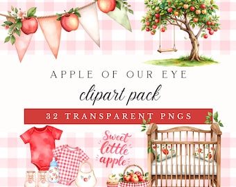 Apple Baby Shower Clipart, Apple Of Our Eye, Watercolor Nursery Decor PNG (Digital Download)
